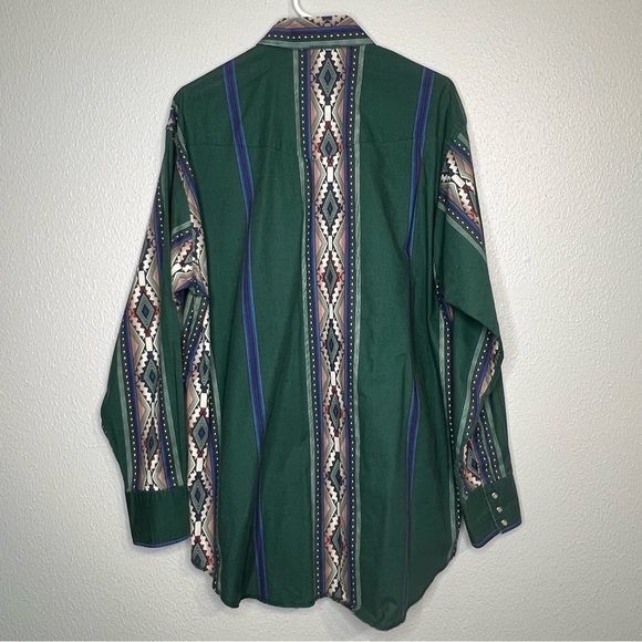 Vintage Wrangler Southwestern Aztec Green Pearl Snap Shirt L Cowboy Bushpopper - Picture 12 of 14